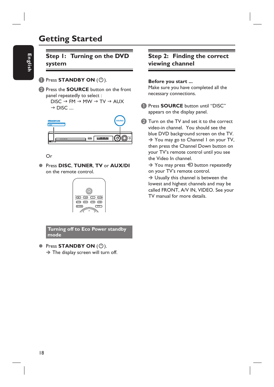 Getting started | Philips HTS3105 User Manual | Page 18 / 49