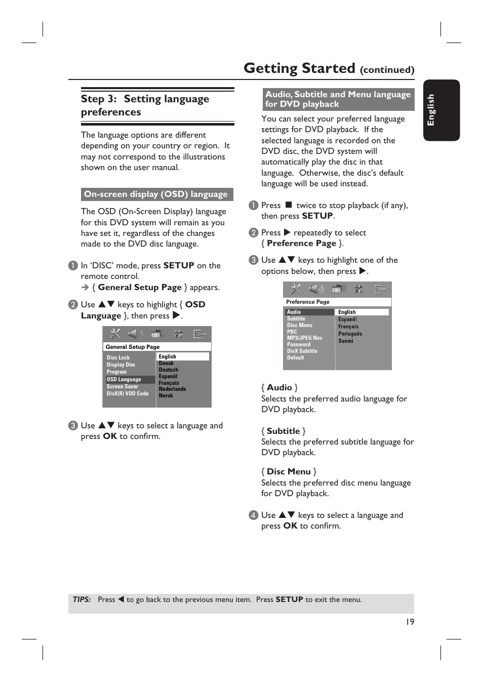 Getting started, Step 3: setting language preferences | Philips HTS3105 User Manual | Page 19 / 49