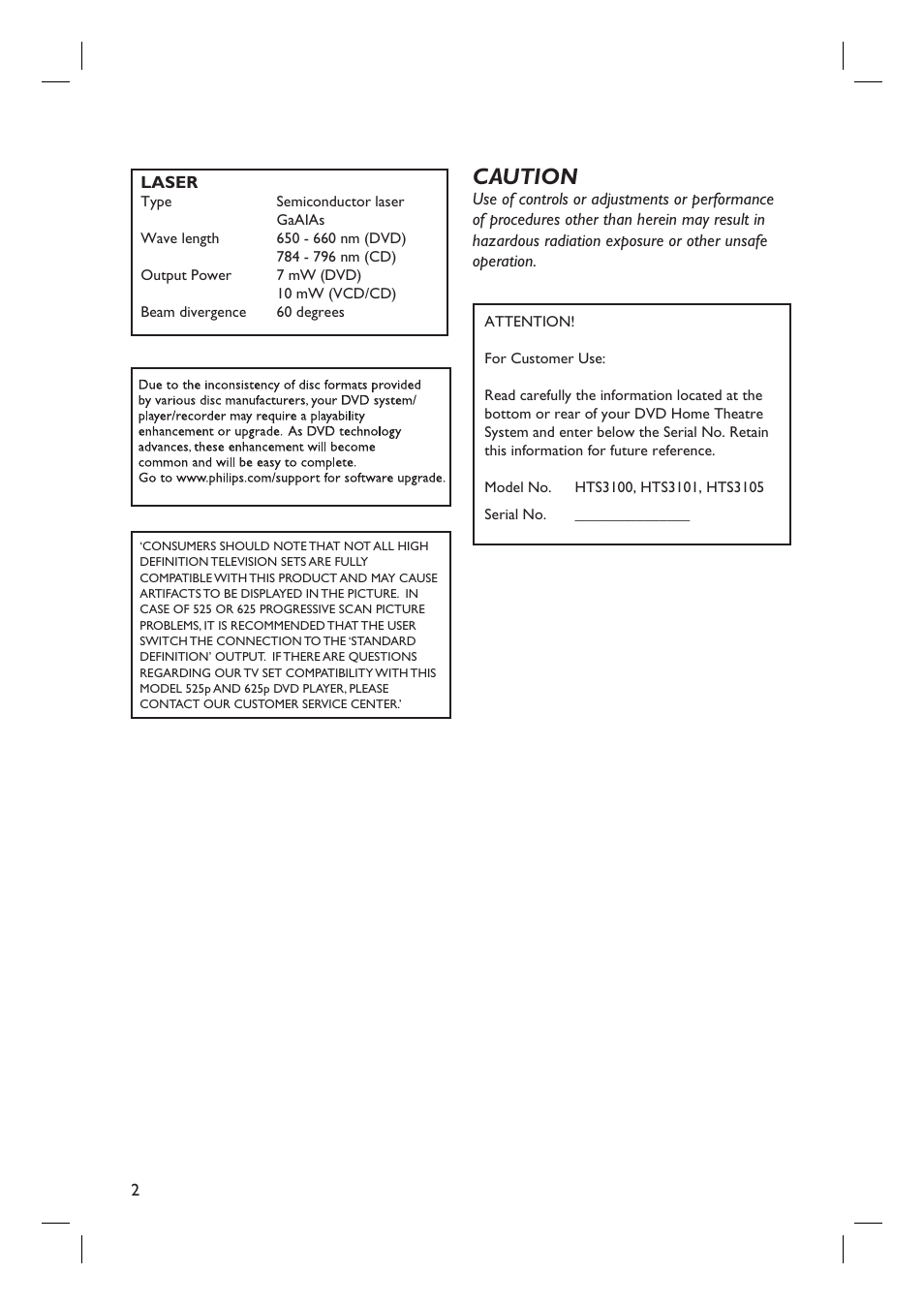 Caution | Philips HTS3105 User Manual | Page 2 / 49