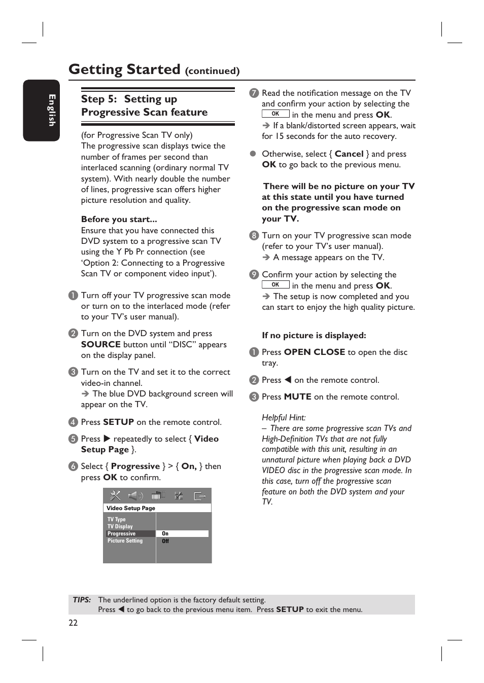 Getting started, Step 5: setting up progressive scan feature | Philips HTS3105 User Manual | Page 22 / 49