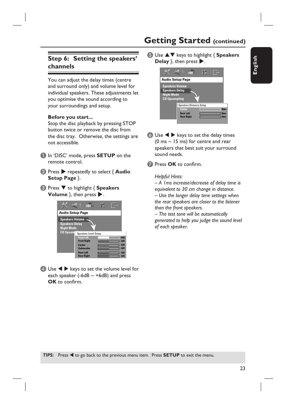 Getting started, Step 6: setting the speakers’ channels, Continued) | Philips HTS3105 User Manual | Page 23 / 49