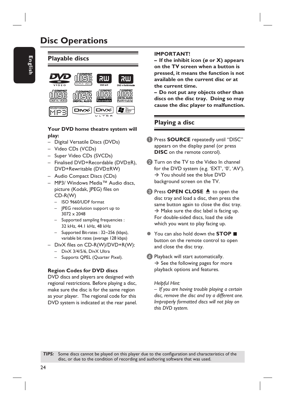 Disc operations, Playable discs, Playing a disc | Philips HTS3105 User Manual | Page 24 / 49