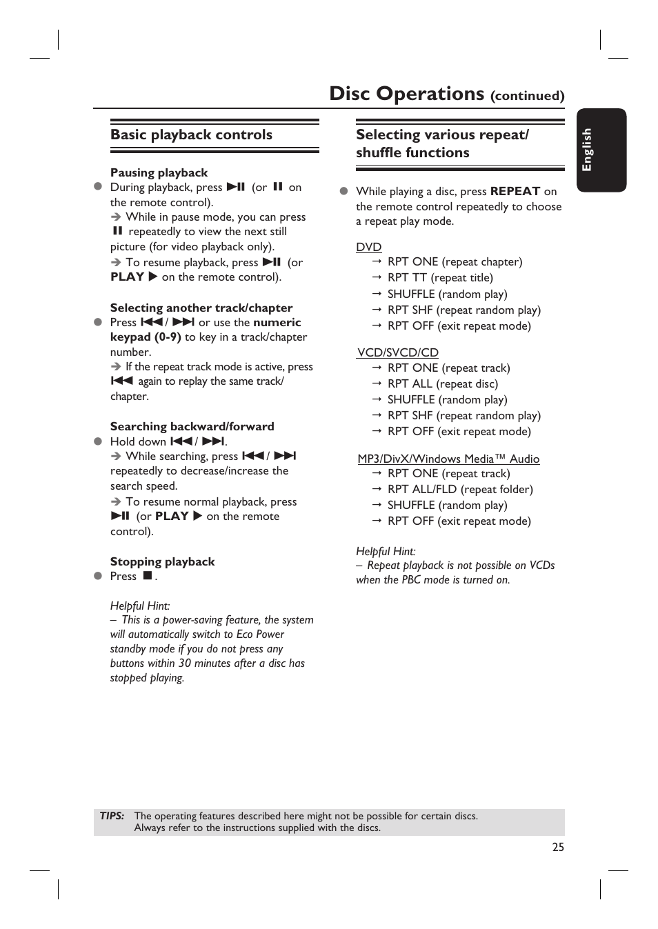 Disc operations, Basic playback controls, Selecting various repeat/ shuffl e functions | Philips HTS3105 User Manual | Page 25 / 49