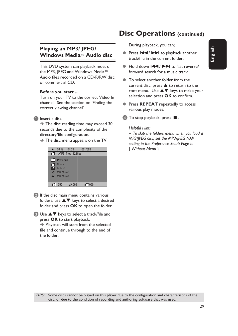 Disc operations, Playing an mp3/ jpeg/ windows media, Audio disc | Philips HTS3105 User Manual | Page 29 / 49