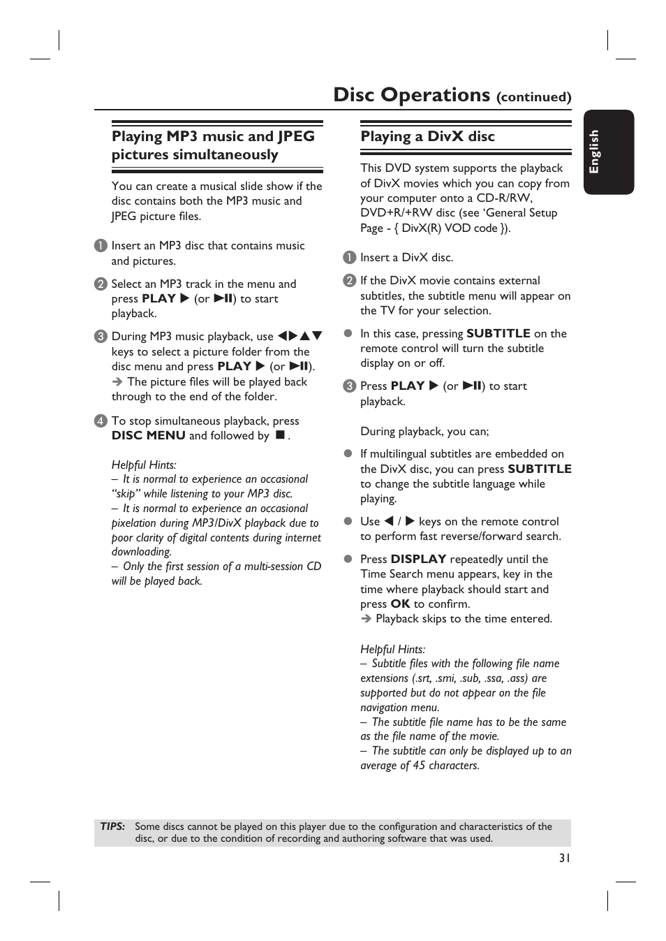 Disc operations | Philips HTS3105 User Manual | Page 31 / 49