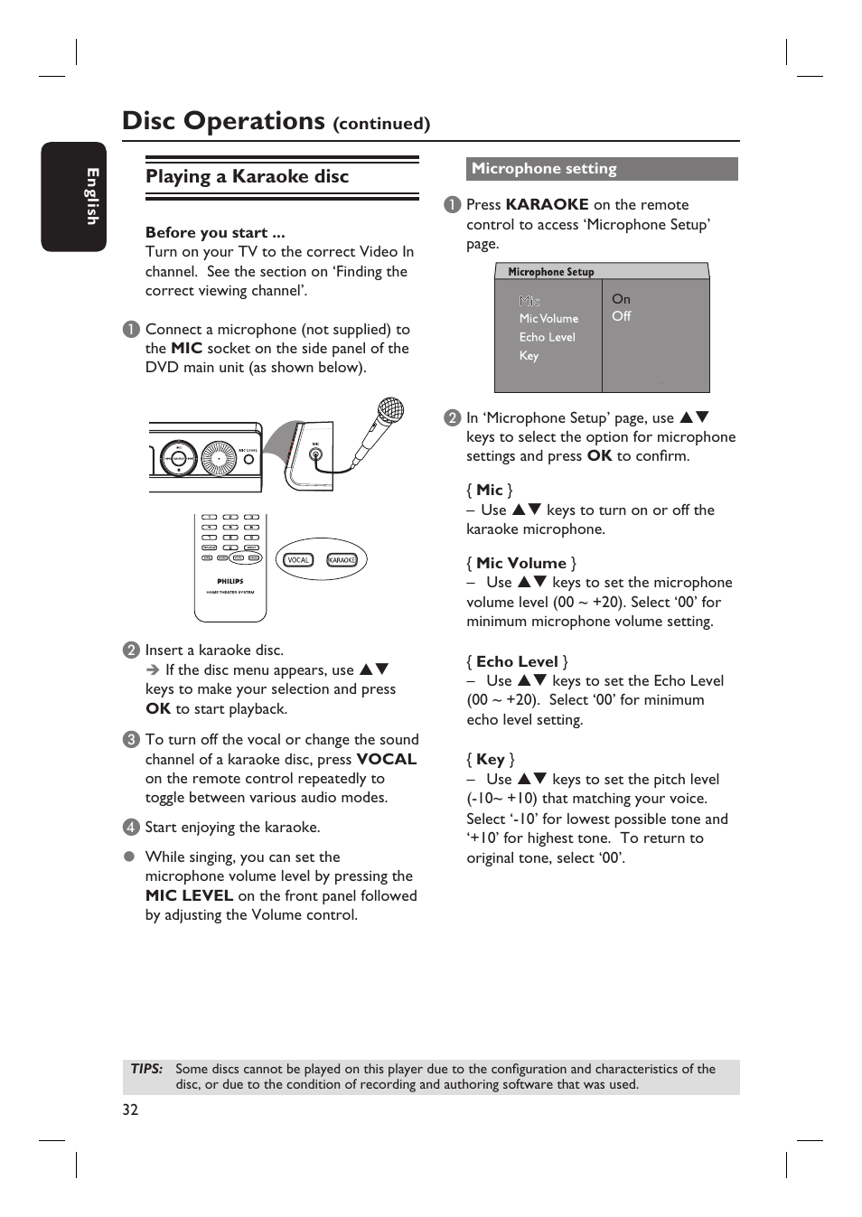 Disc operations, Playing a karaoke disc | Philips HTS3105 User Manual | Page 32 / 49