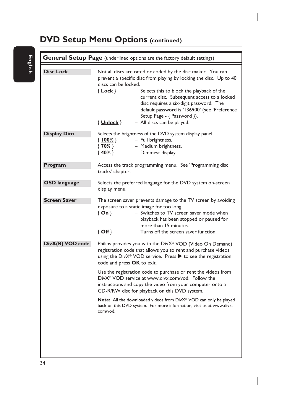 Dvd setup menu options, General setup page | Philips HTS3105 User Manual | Page 34 / 49