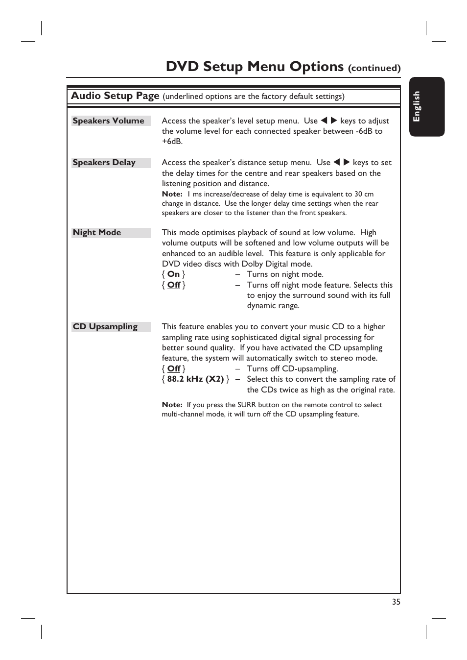 Dvd setup menu options, Audio setup page | Philips HTS3105 User Manual | Page 35 / 49