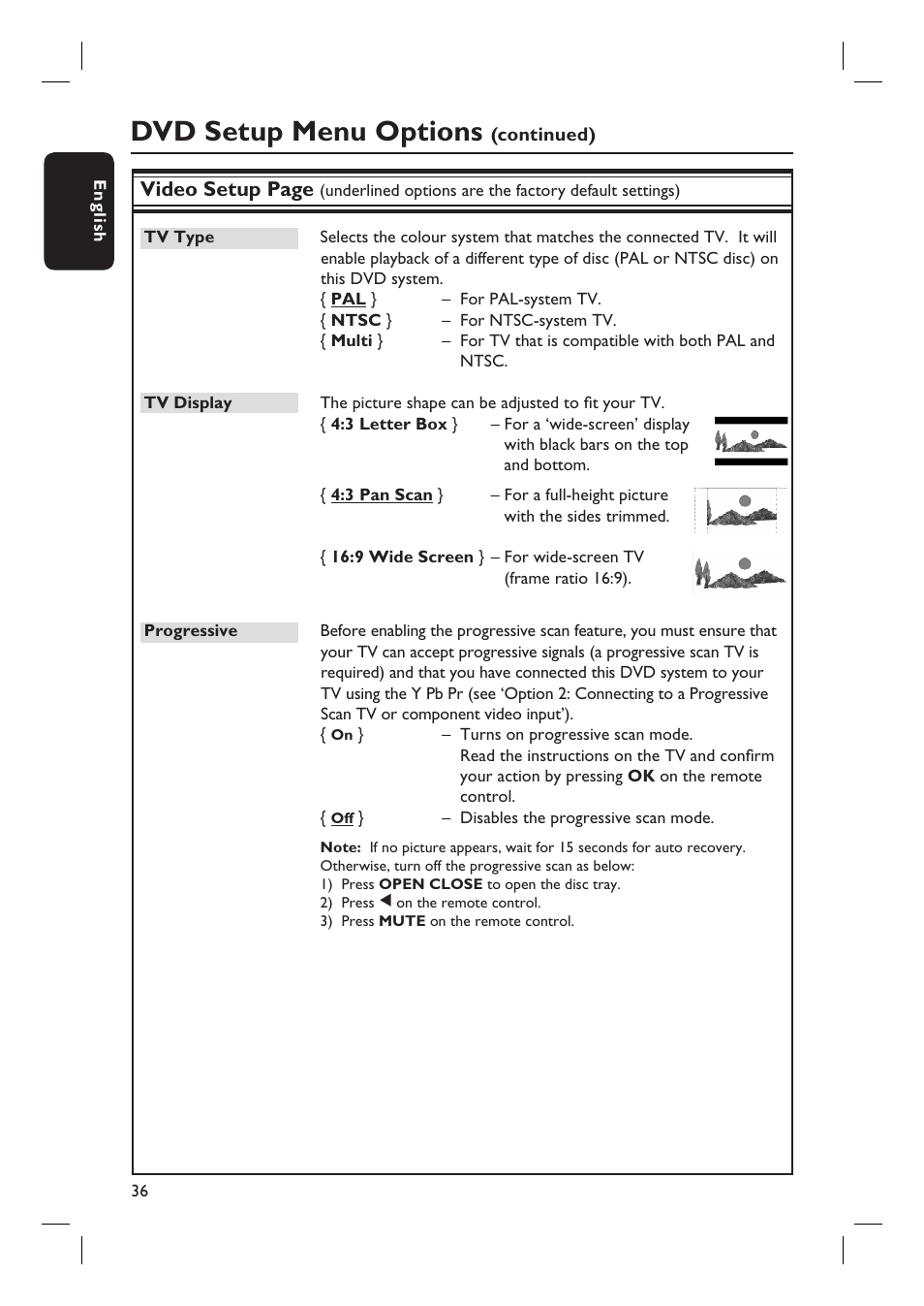 Dvd setup menu options, Video setup page | Philips HTS3105 User Manual | Page 36 / 49