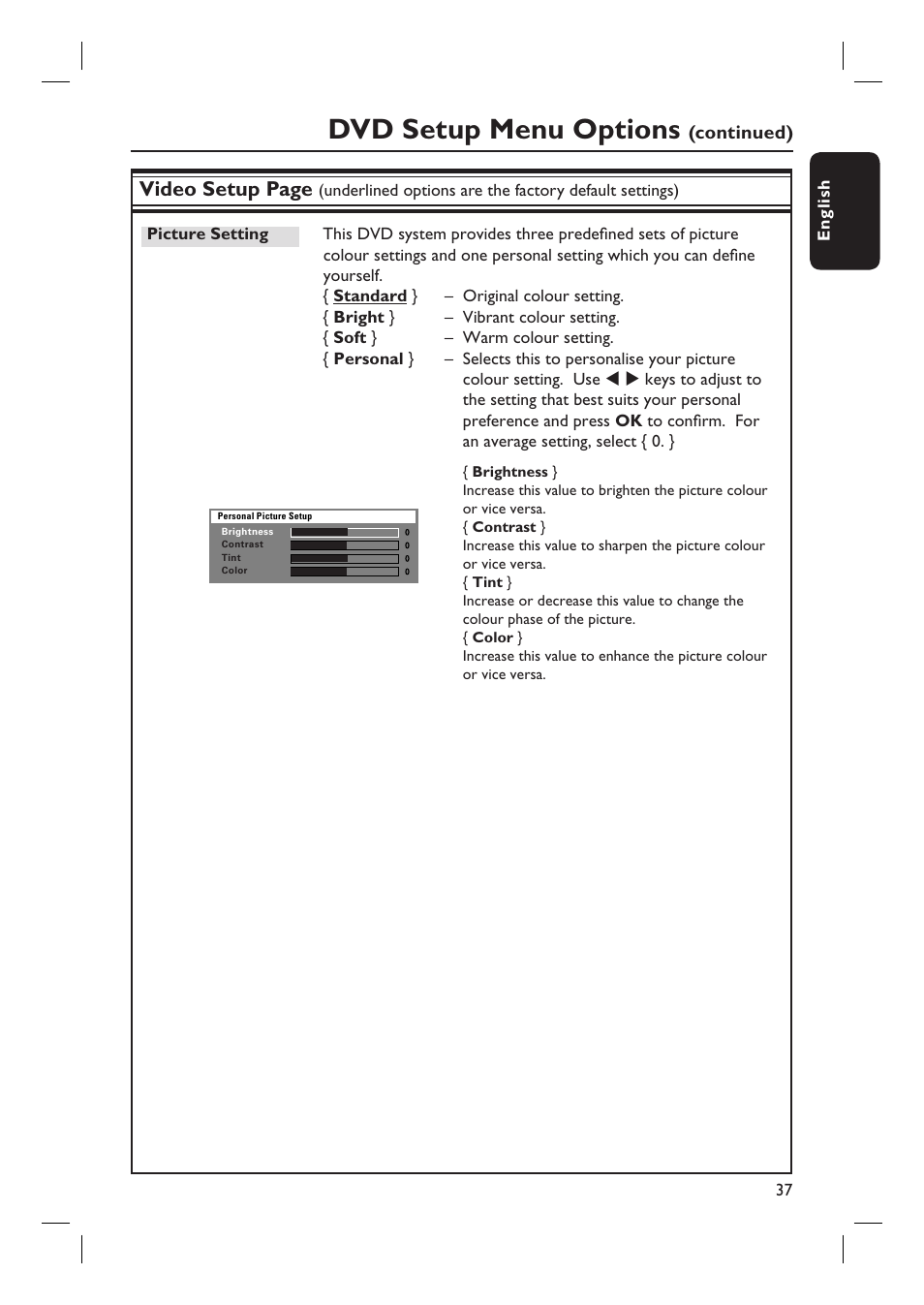 Dvd setup menu options, Video setup page | Philips HTS3105 User Manual | Page 37 / 49