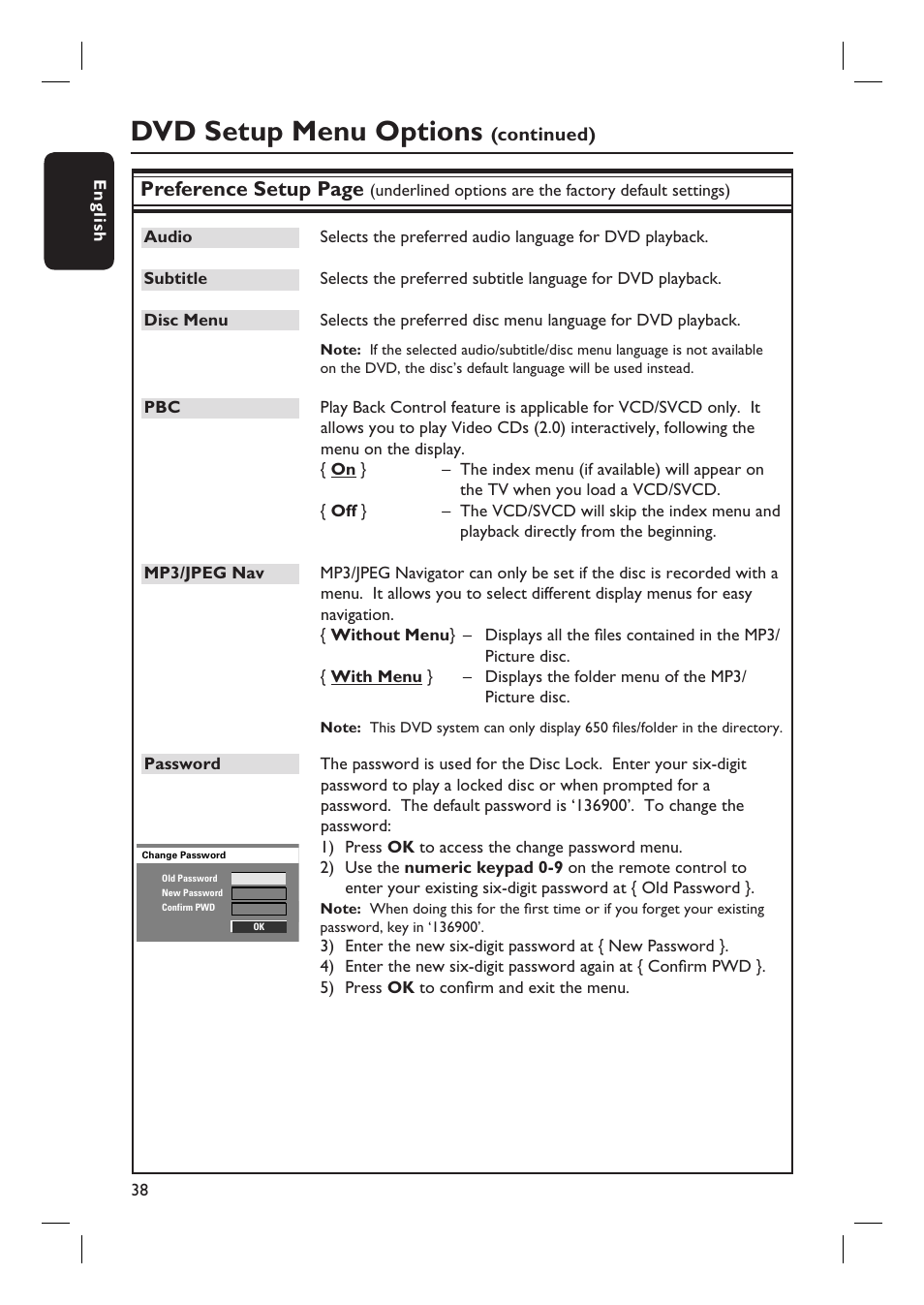 Dvd setup menu options, Preference setup page | Philips HTS3105 User Manual | Page 38 / 49