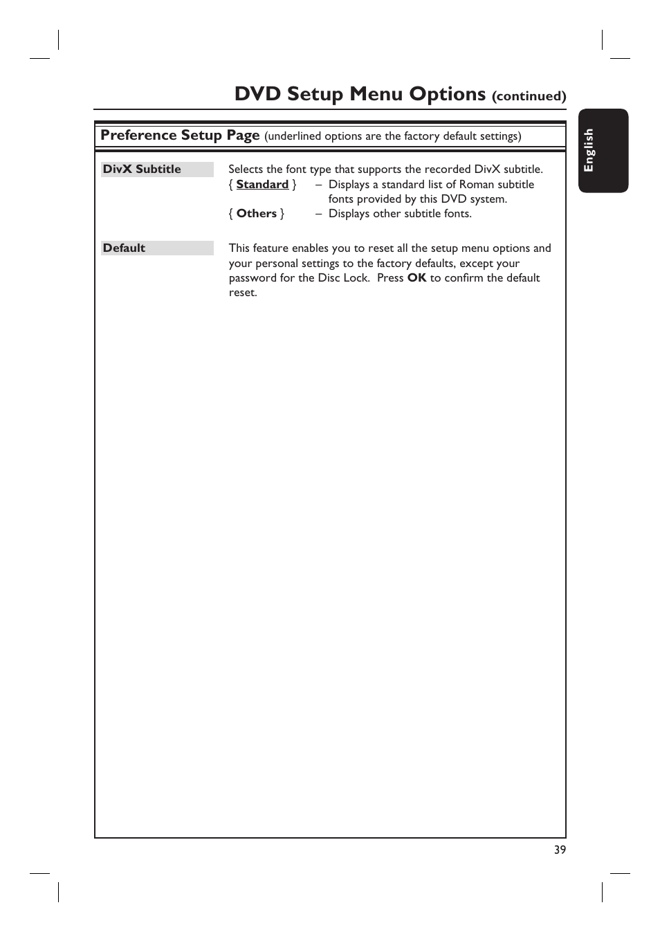 Dvd setup menu options | Philips HTS3105 User Manual | Page 39 / 49