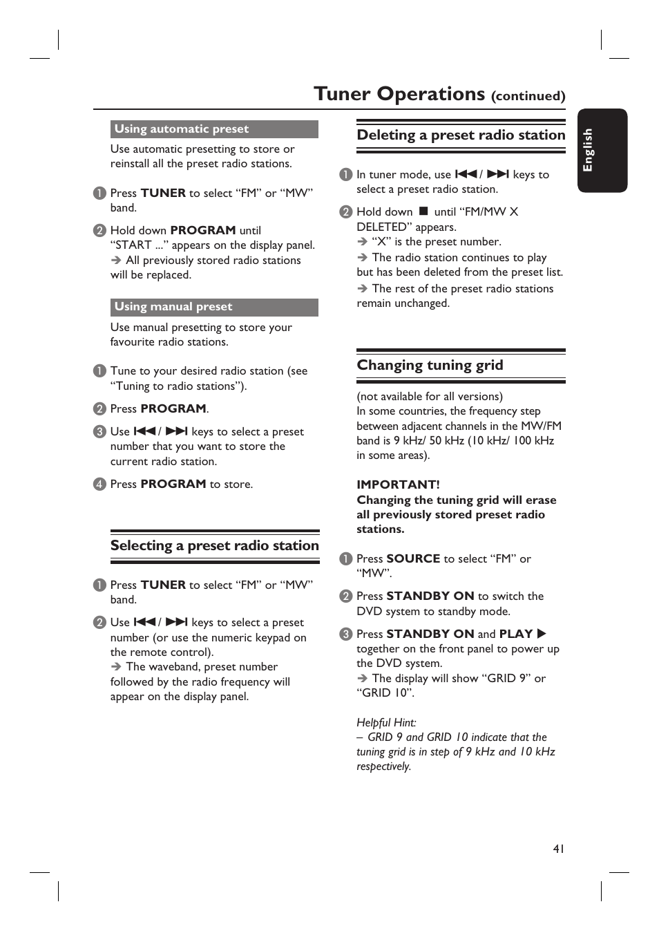 Tuner operations | Philips HTS3105 User Manual | Page 41 / 49