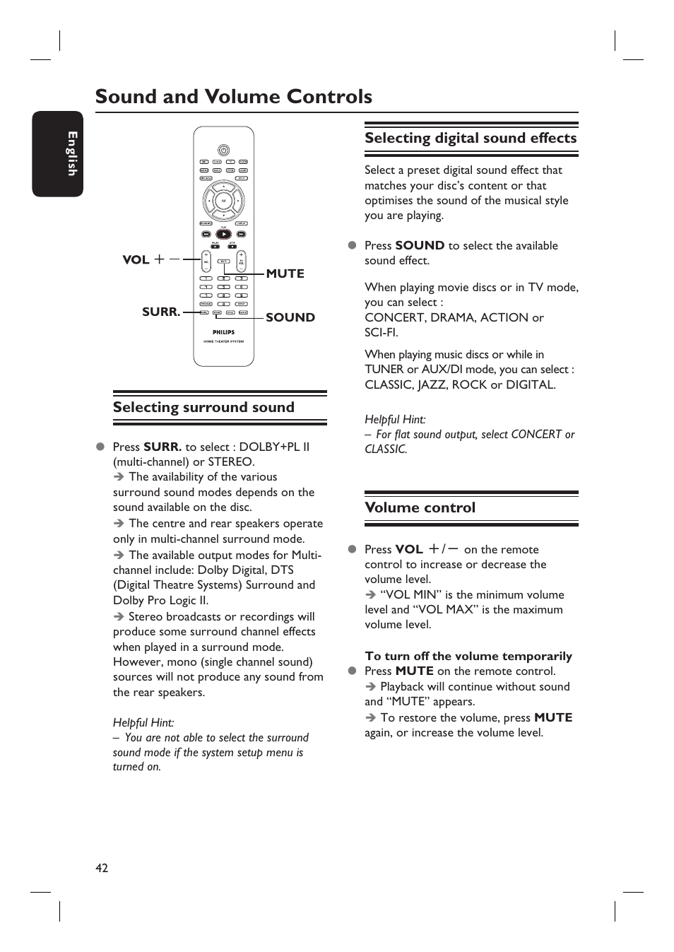 Sound and volume controls | Philips HTS3105 User Manual | Page 42 / 49