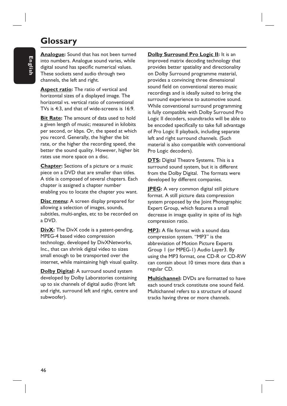 Glossary | Philips HTS3105 User Manual | Page 46 / 49