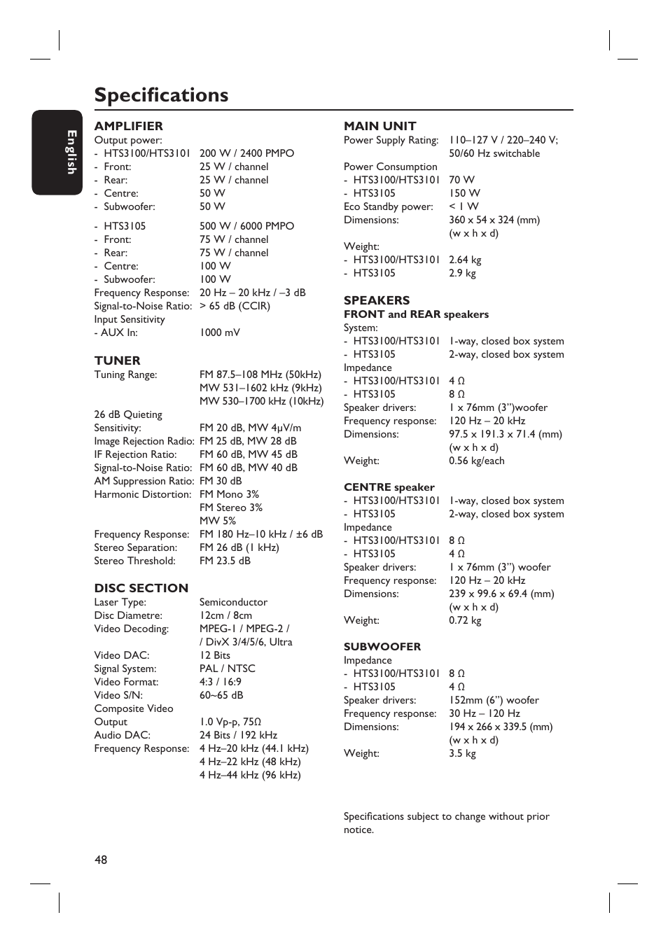 Specifi cations | Philips HTS3105 User Manual | Page 48 / 49