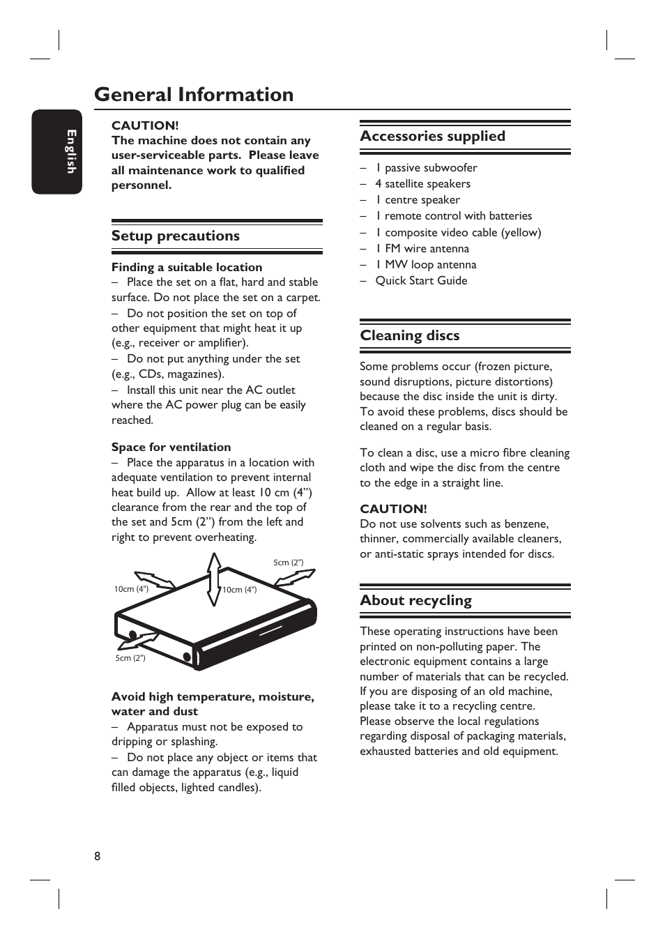 General information, Setup precautions, Accessories supplied | Cleaning discs, About recycling | Philips HTS3105 User Manual | Page 8 / 49