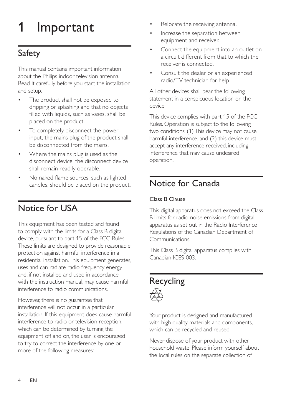 1 important, Safety, Notice for usa | Notice for canada, Recycling | Philips SDV7225T/27 User Manual | Page 4 / 12