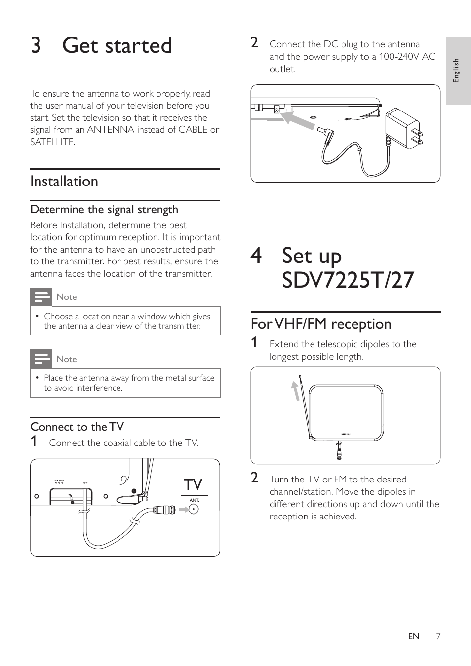 3 get started, Installation, 4 set up sdv7225t/27 | For vhf/fm reception | Philips SDV7225T/27 User Manual | Page 7 / 12