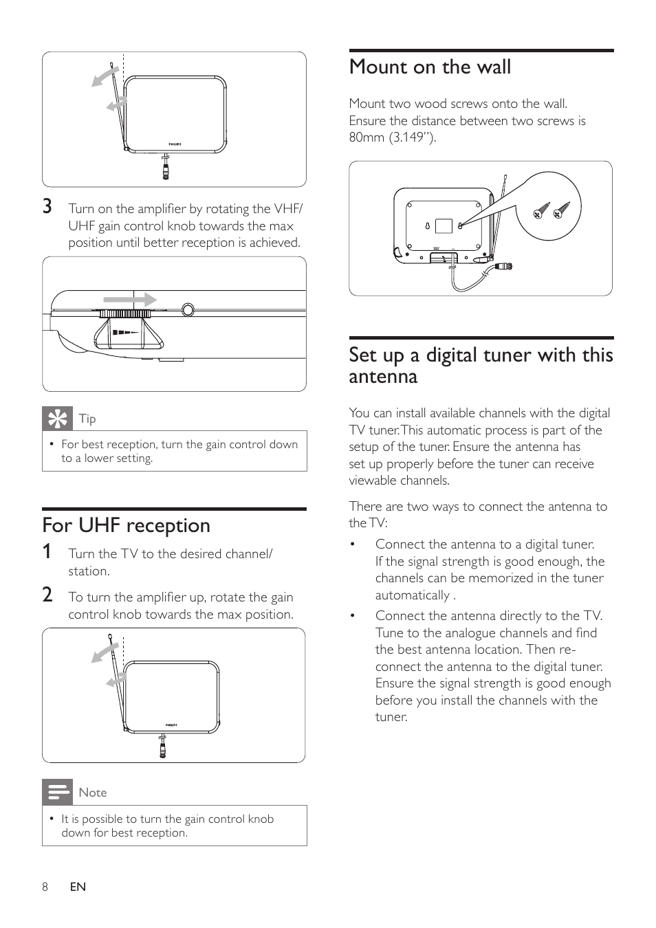 For uhf reception, Mount on the wall, Set up a digital tuner with this antenna | Set up a digital tuner with this antenna 8 | Philips SDV7225T/27 User Manual | Page 8 / 12