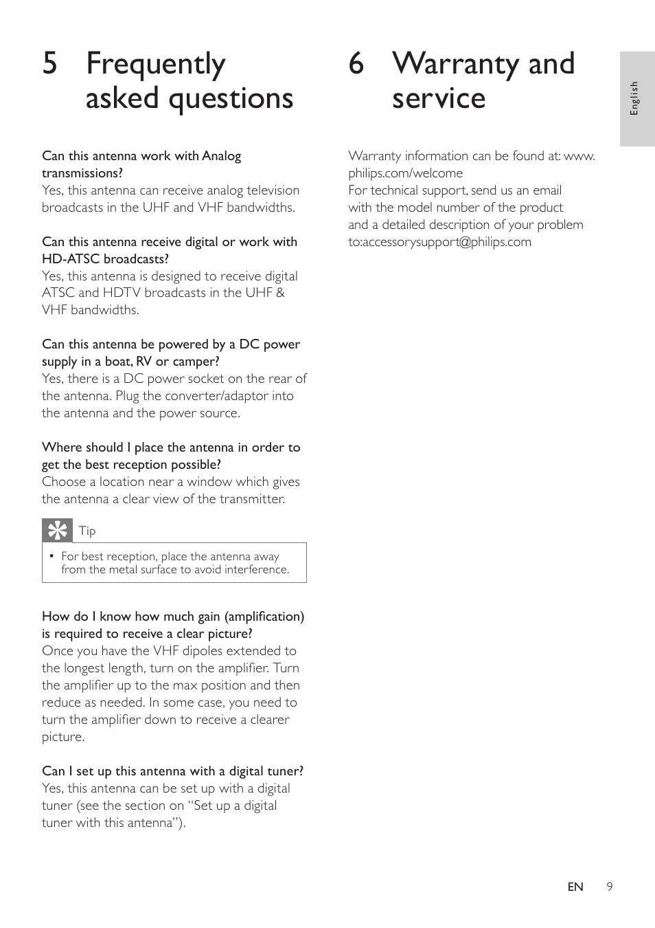 5 frequently asked questions, 6 warranty and service | Philips SDV7225T/27 User Manual | Page 9 / 12