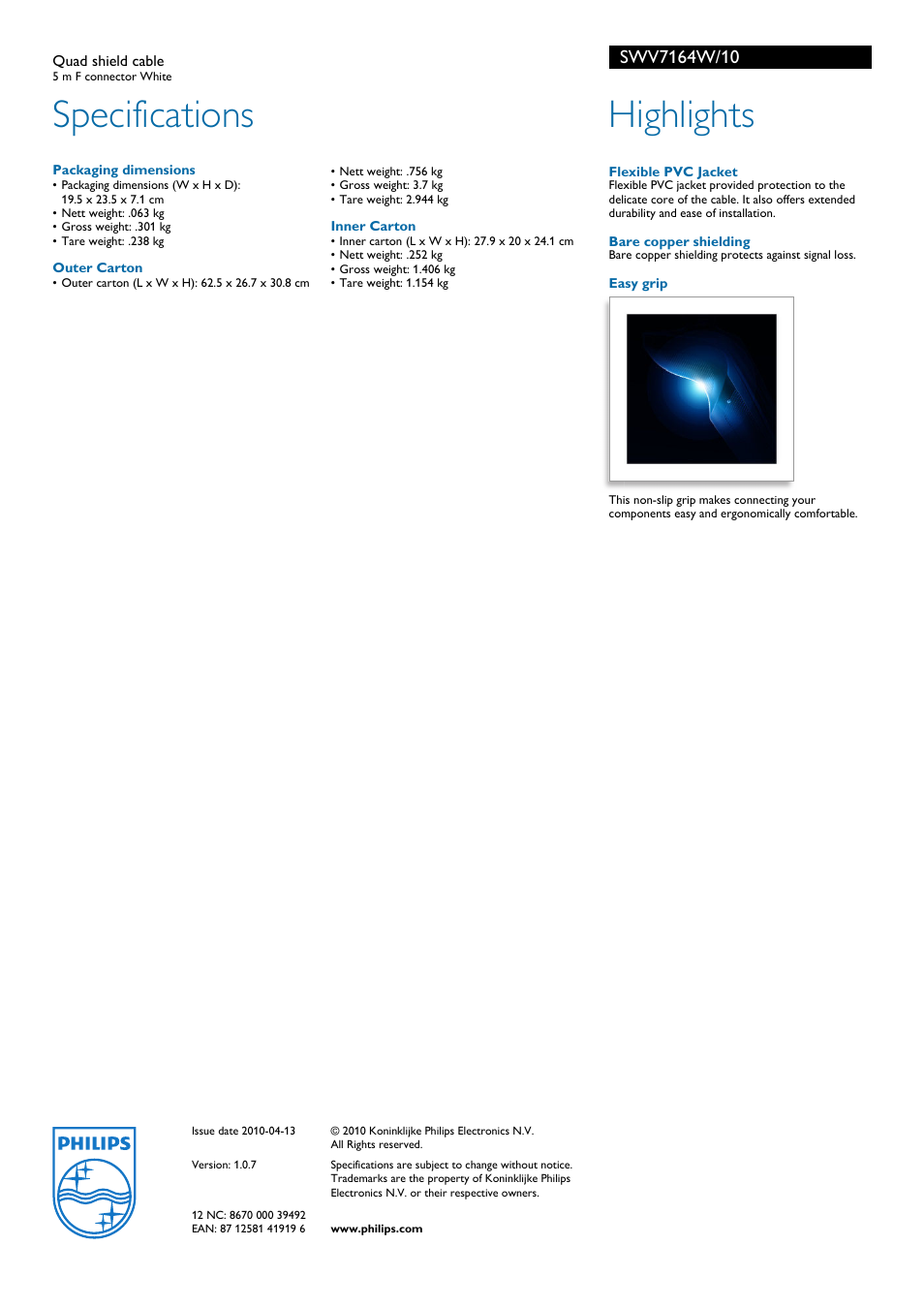 Specifications, Highlights | Philips SWV7164W User Manual | Page 2 / 2