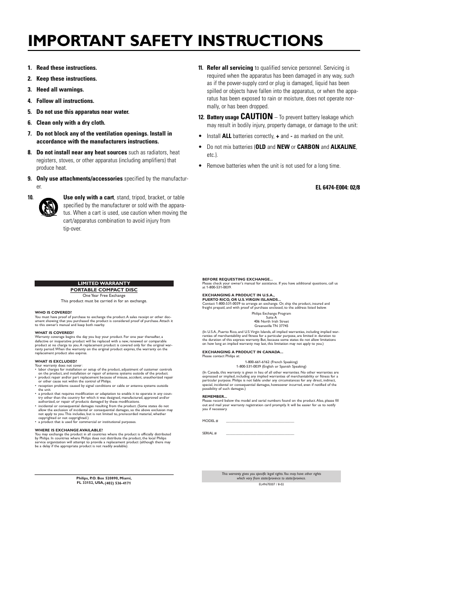 Important safety instructions, Caution | Philips AX3311 User Manual | Page 2 / 6