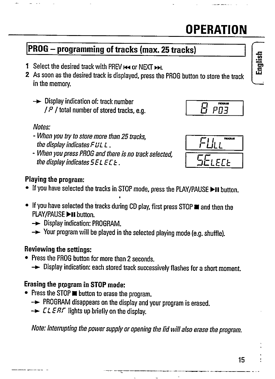 Operation, Bpd3, Rull | Prog - programming of tracks (max. 25 tracks) | Philips AZ 7474/00S User Manual | Page 15 / 20