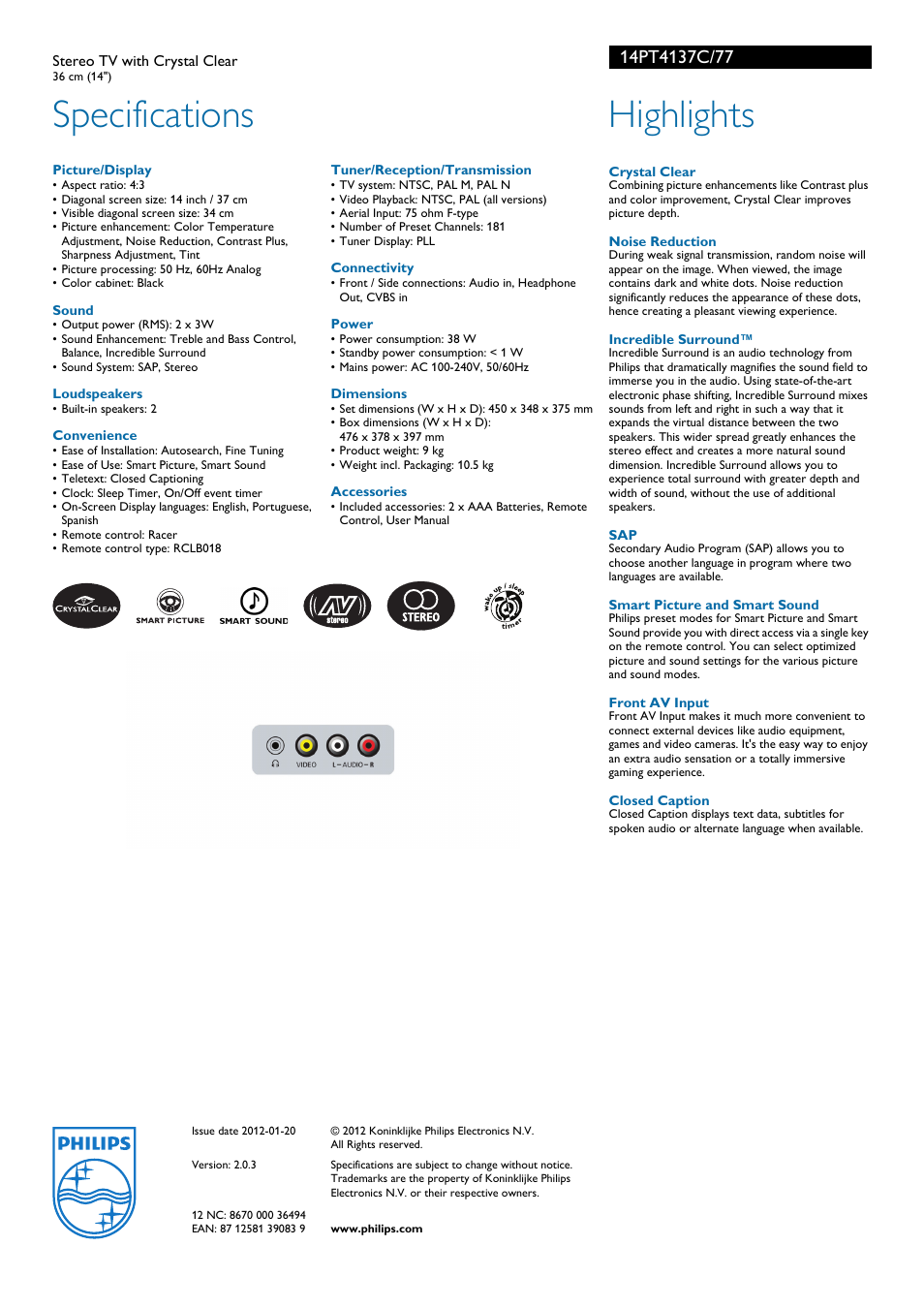 Specifications, Highlights | Philips 14PT4137C User Manual | Page 2 / 2