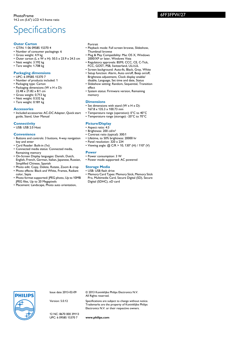 Specifications, 6ff3fpw/27 | Philips 6FF3FPW/27 User Manual | Page 3 / 3