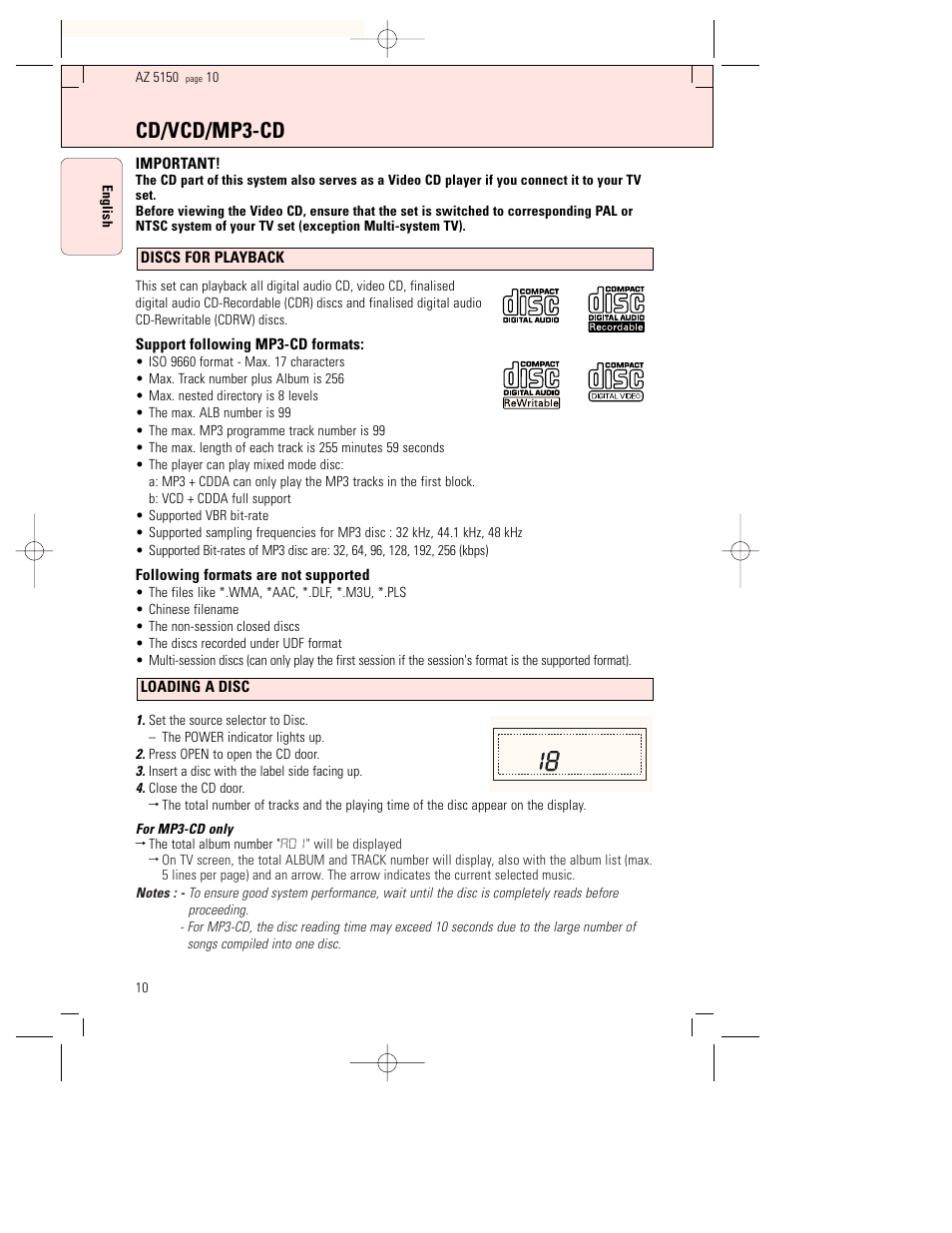 Cd/vcd/mp3-cd | Philips AZ5150 User Manual | Page 10 / 20