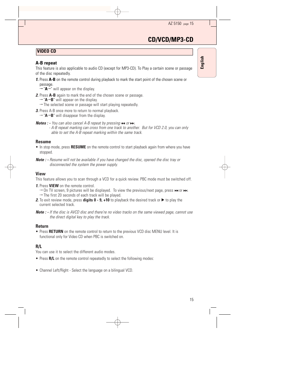 Cd/vcd/mp3-cd | Philips AZ5150 User Manual | Page 15 / 20