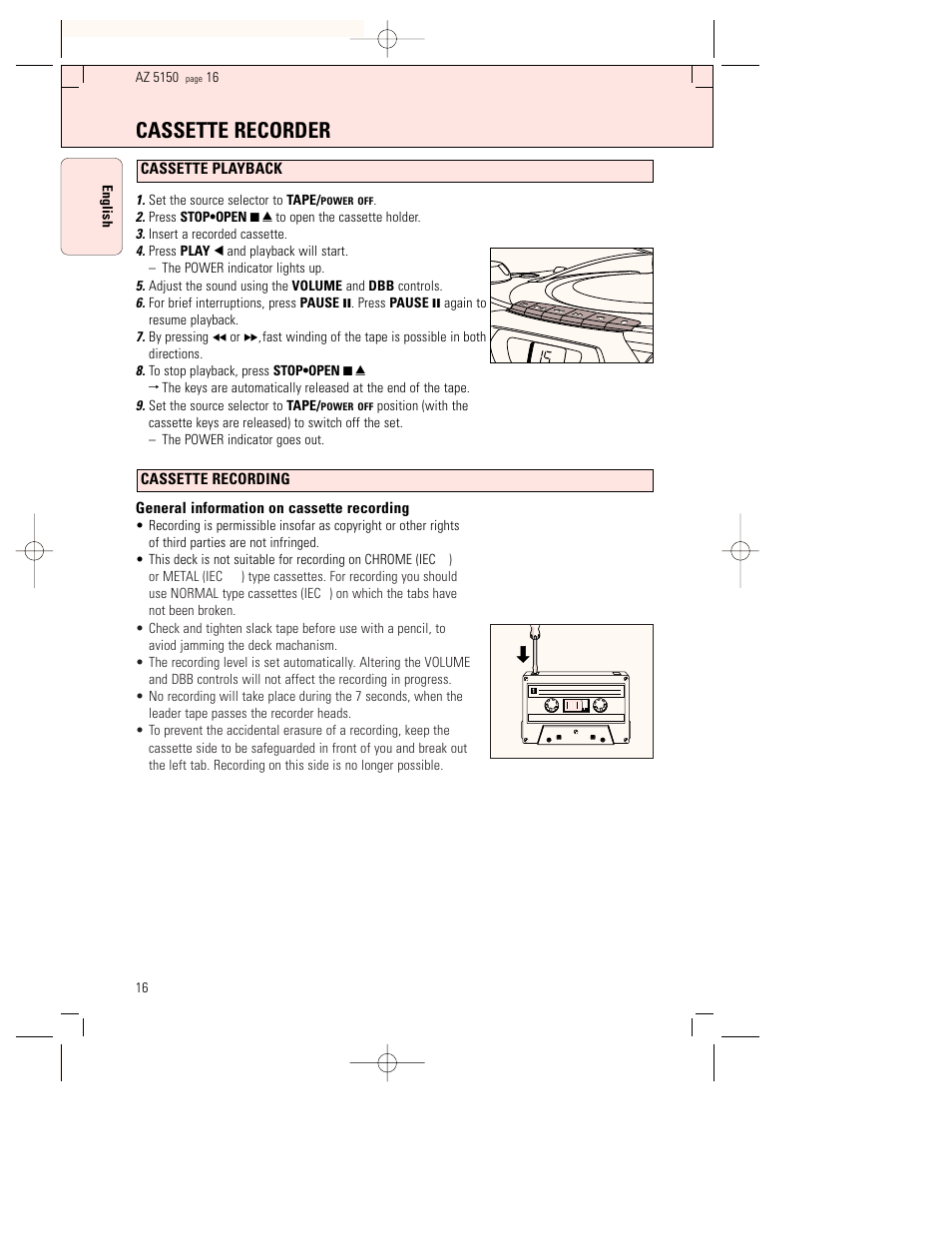 Cassette recorder, General information on cassette recording, Cassette recording | Cassette playback | Philips AZ5150 User Manual | Page 16 / 20