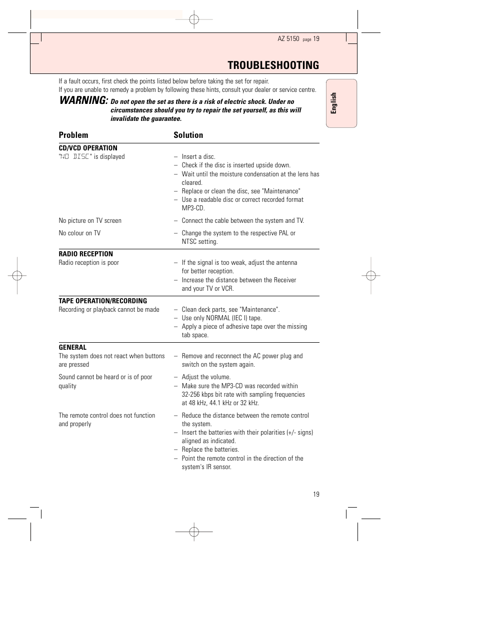 Troubleshooting, Warning | Philips AZ5150 User Manual | Page 19 / 20