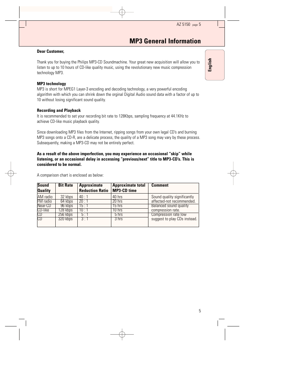 Mp3 general information | Philips AZ5150 User Manual | Page 5 / 20
