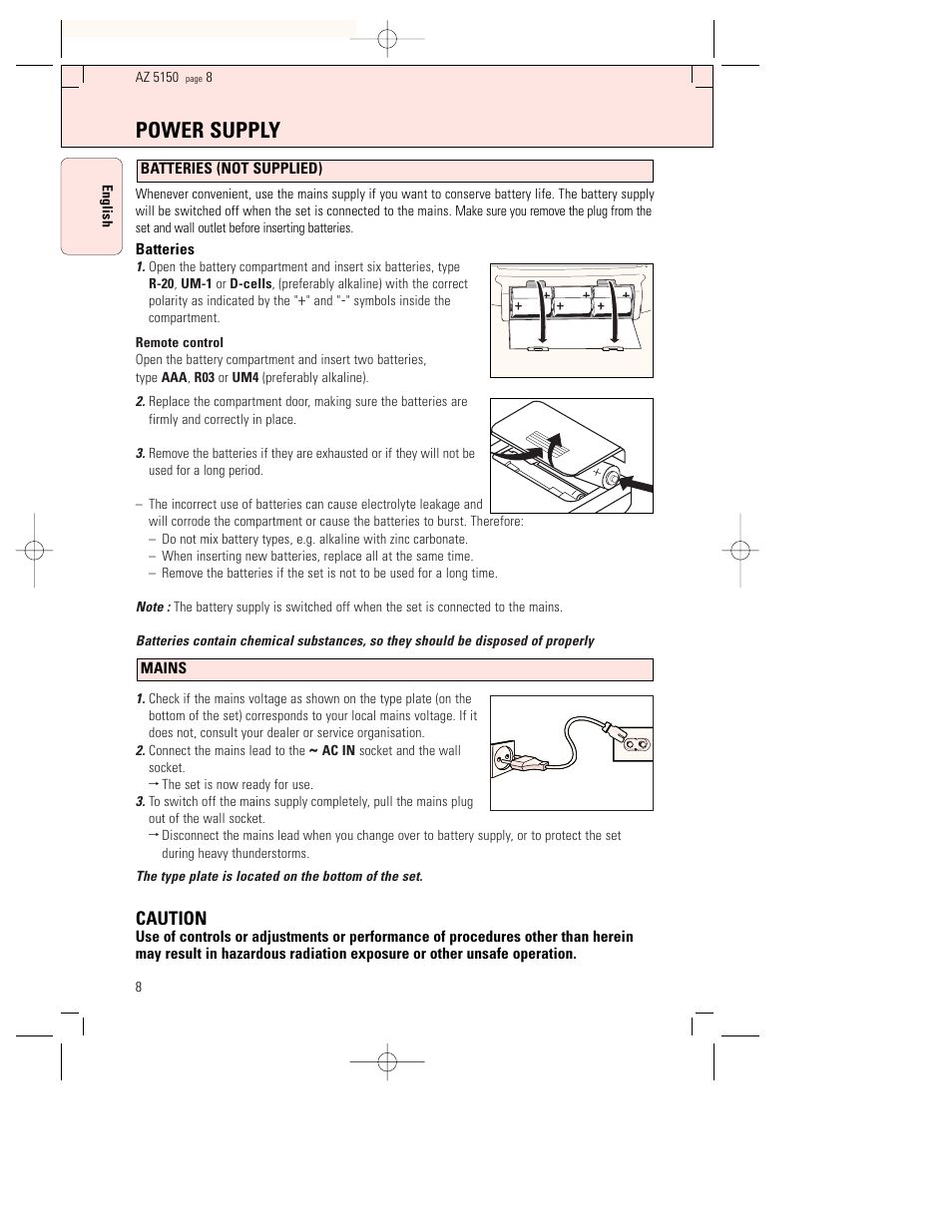 Power supply, Caution | Philips AZ5150 User Manual | Page 8 / 20