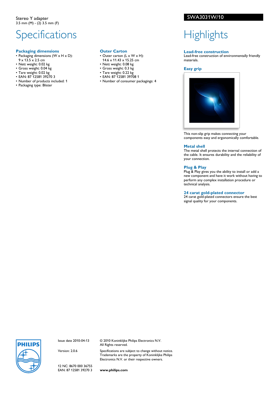 Specifications, Highlights | Philips SWA3031W User Manual | Page 2 / 2