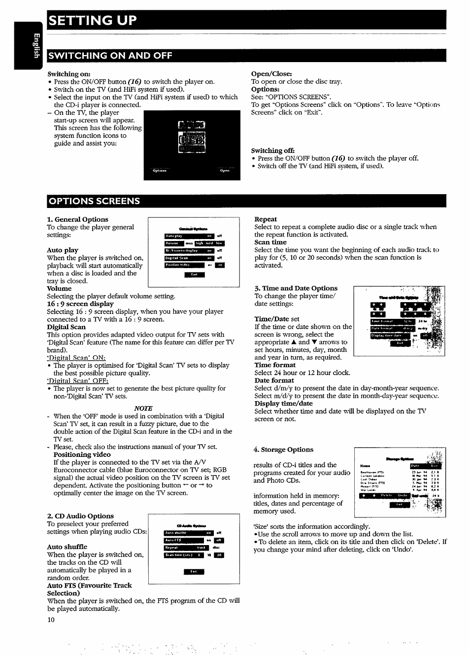 Setting up, Switching on and off, Switching on | Open/close, Switching off, Options screens, General options, Auto play, Auto shuffle, Repeat | Philips CDI740/05 User Manual | Page 10 / 20