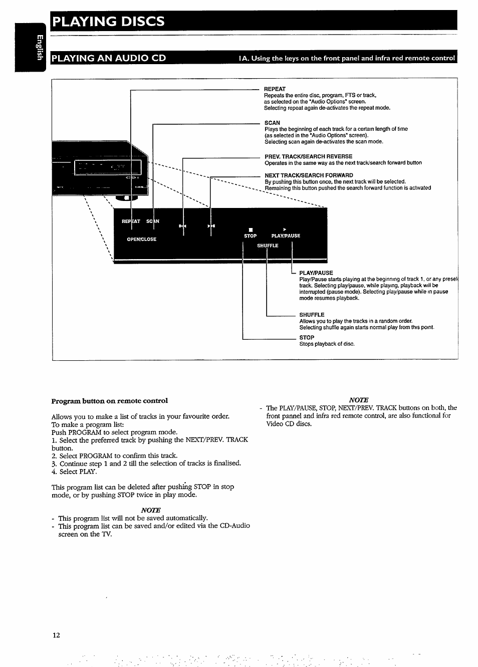 Playing an audio cd, Program button on remote control, Playing discs | Philips CDI740/05 User Manual | Page 12 / 20