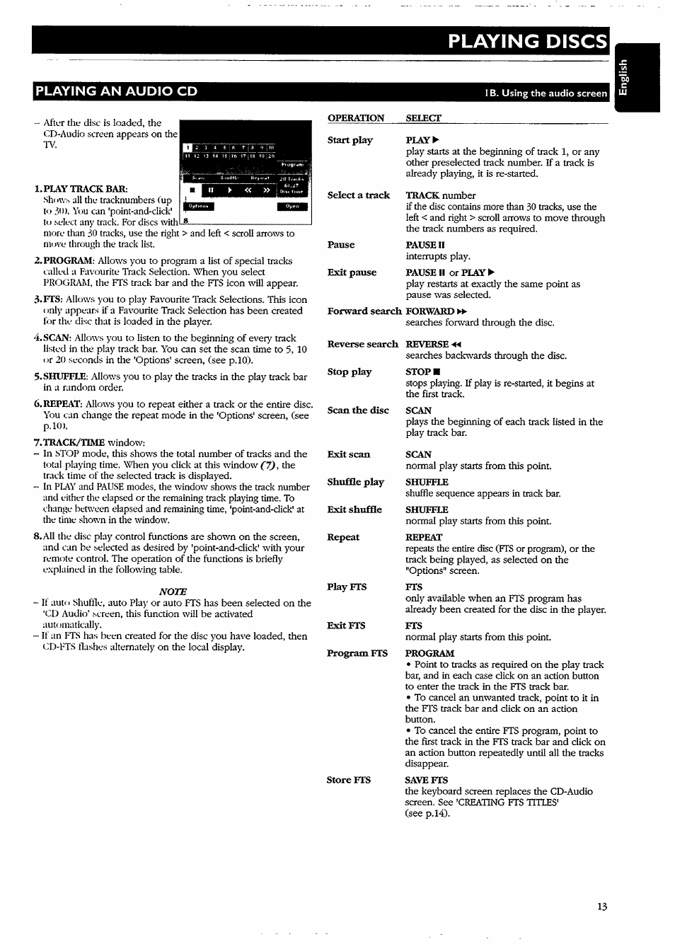 Playing an audio cd, Play track bar, Track/time window | Operation select, Play, Pause ii, Forward search forward, Reverse search reverse, Scan the disc scan, Scan | Philips CDI740/05 User Manual | Page 13 / 20