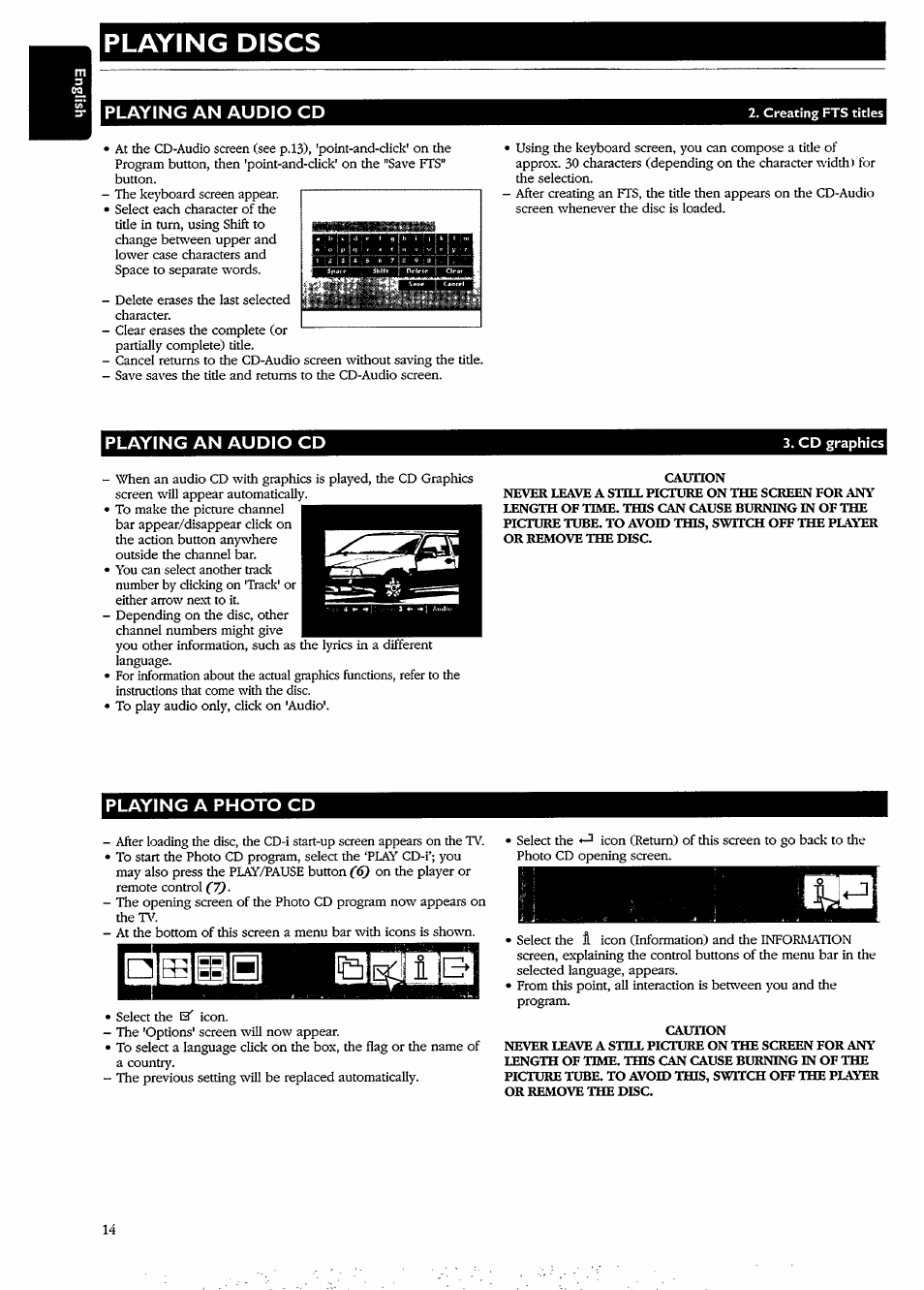 Playing an audio cd, Creating fts titles, Caunon | Playing a photo cd, Caution, Playing discs | Philips CDI740/05 User Manual | Page 14 / 20