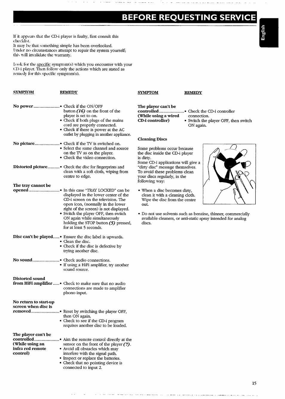 Before requesting service, Symptom, Remedy | No power, No picture, Distorted picture, The tray cannot be opened, The player can’t be, Cleaning discs, Disc can’t be played | Philips CDI740/05 User Manual | Page 15 / 20