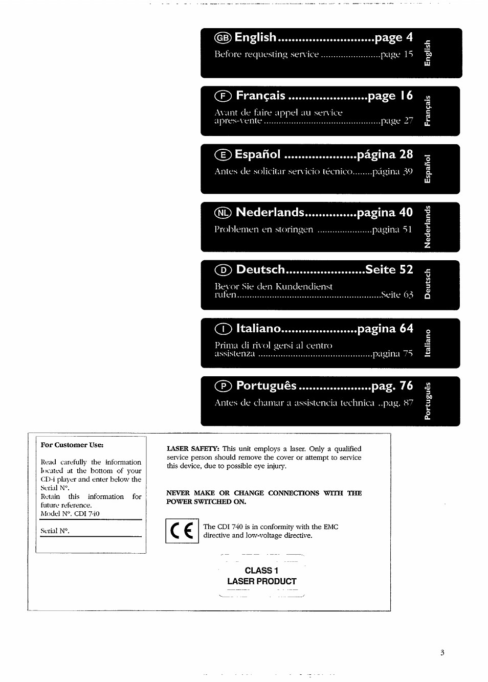 English............................ page 4, Cd español...................... página 28, D nederlands..................pagina 40 | Cd deutsch........................ seite 52, Italiano....................... pagina 64, Cd portugués...................... pag. 76 | Philips CDI740/05 User Manual | Page 3 / 20