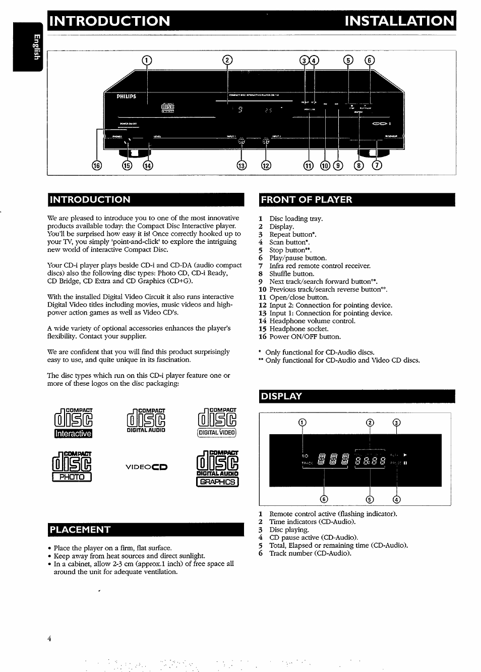 Front of player, Placement, Display | Id§(g id@(g, Introduction installation | Philips CDI740/05 User Manual | Page 4 / 20