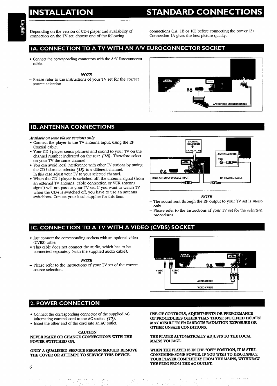 Ib. antenna connections, Ic. connection to a tv with a video (cvbs) socket, Power connection | Caunon, Installation standard connections | Philips CDI740/05 User Manual | Page 6 / 20