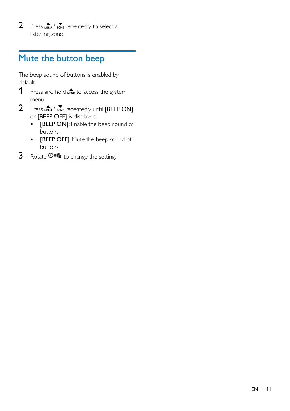 Mute the button beep | Philips CE132 User Manual | Page 13 / 26