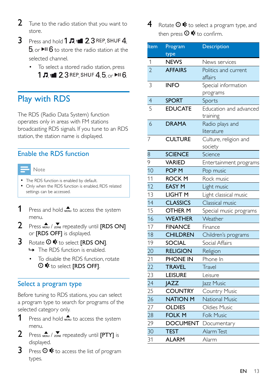 Play with rds, Enable the rds function, Select a program type | Philips CE132 User Manual | Page 15 / 26