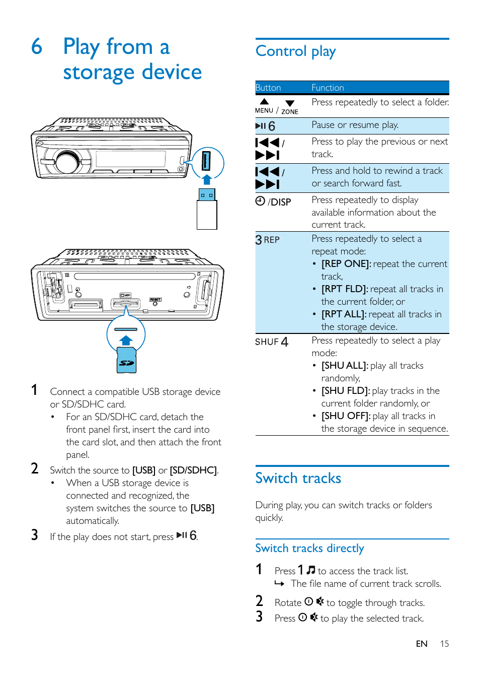 6 play from a storage device, Control play, Switch tracks | Philips CE132 User Manual | Page 17 / 26