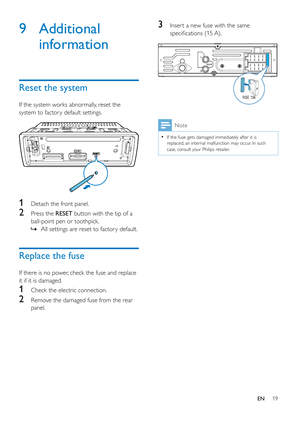 9 additional information, Reset the system, Replace the fuse | Philips CE132 User Manual | Page 21 / 26