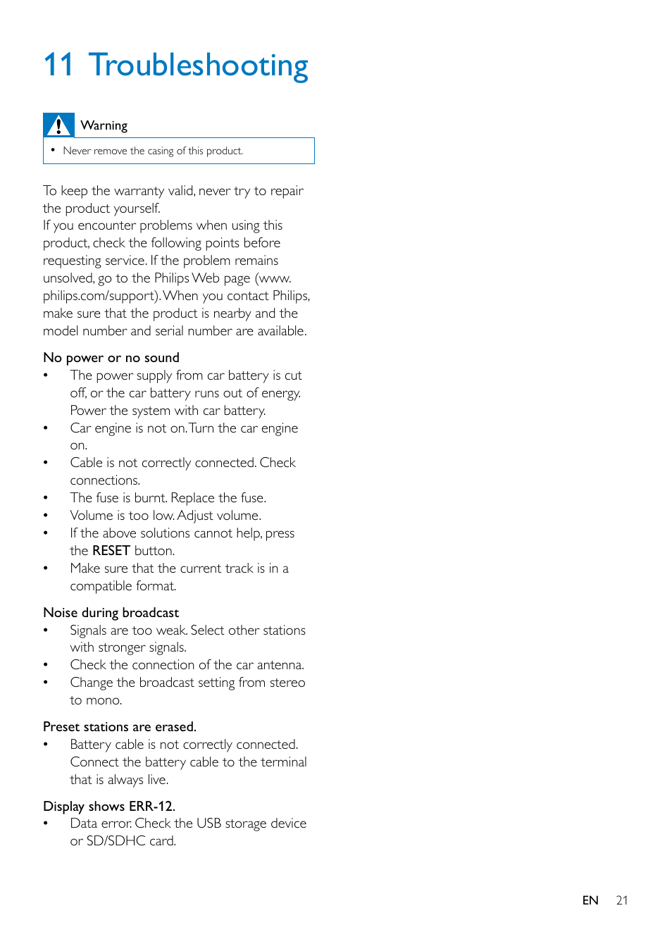 11 troubleshooting | Philips CE132 User Manual | Page 23 / 26